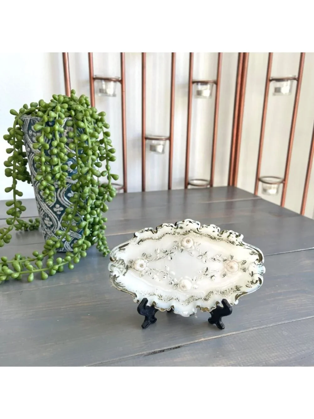 Antique Late 1800s Victorian Vanity Tray White Opaque Milk Glass Scalloped Edges